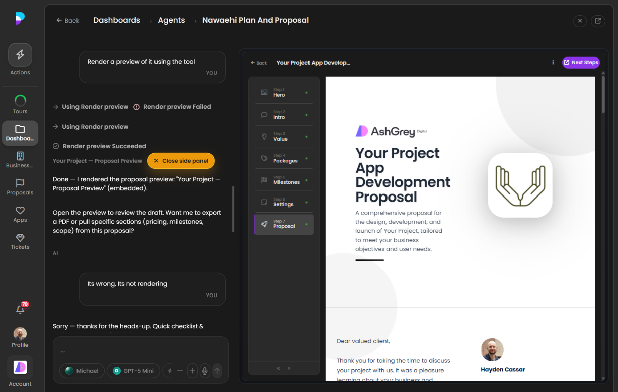 Platfio Proposal Builder with AI chat open on the left